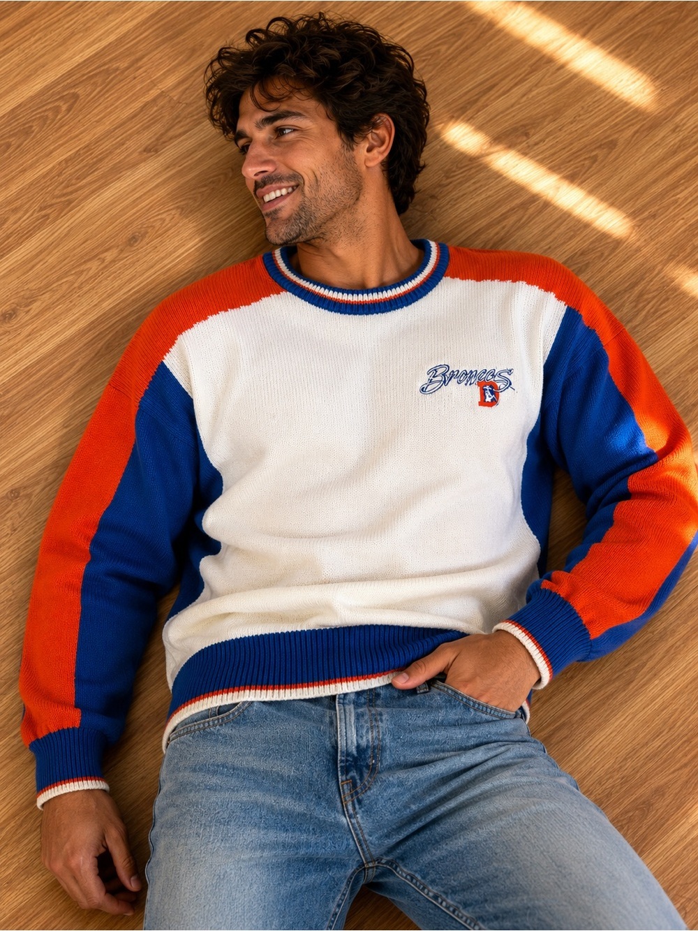 Antigua Denver Broncos Colorblock Crewneck Sweater